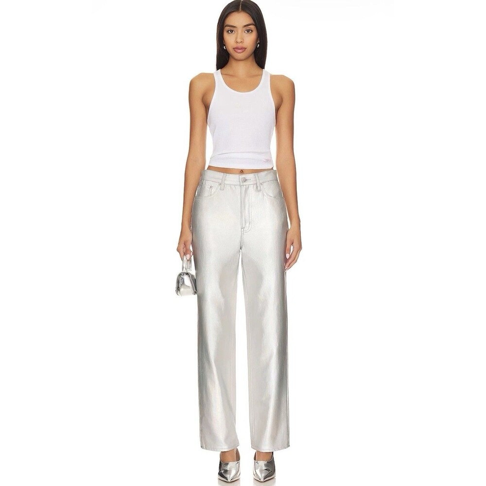 PISTOLA New Cassie High Rise Straight Jeans 32 Metallic Silver Coated Prism Pant